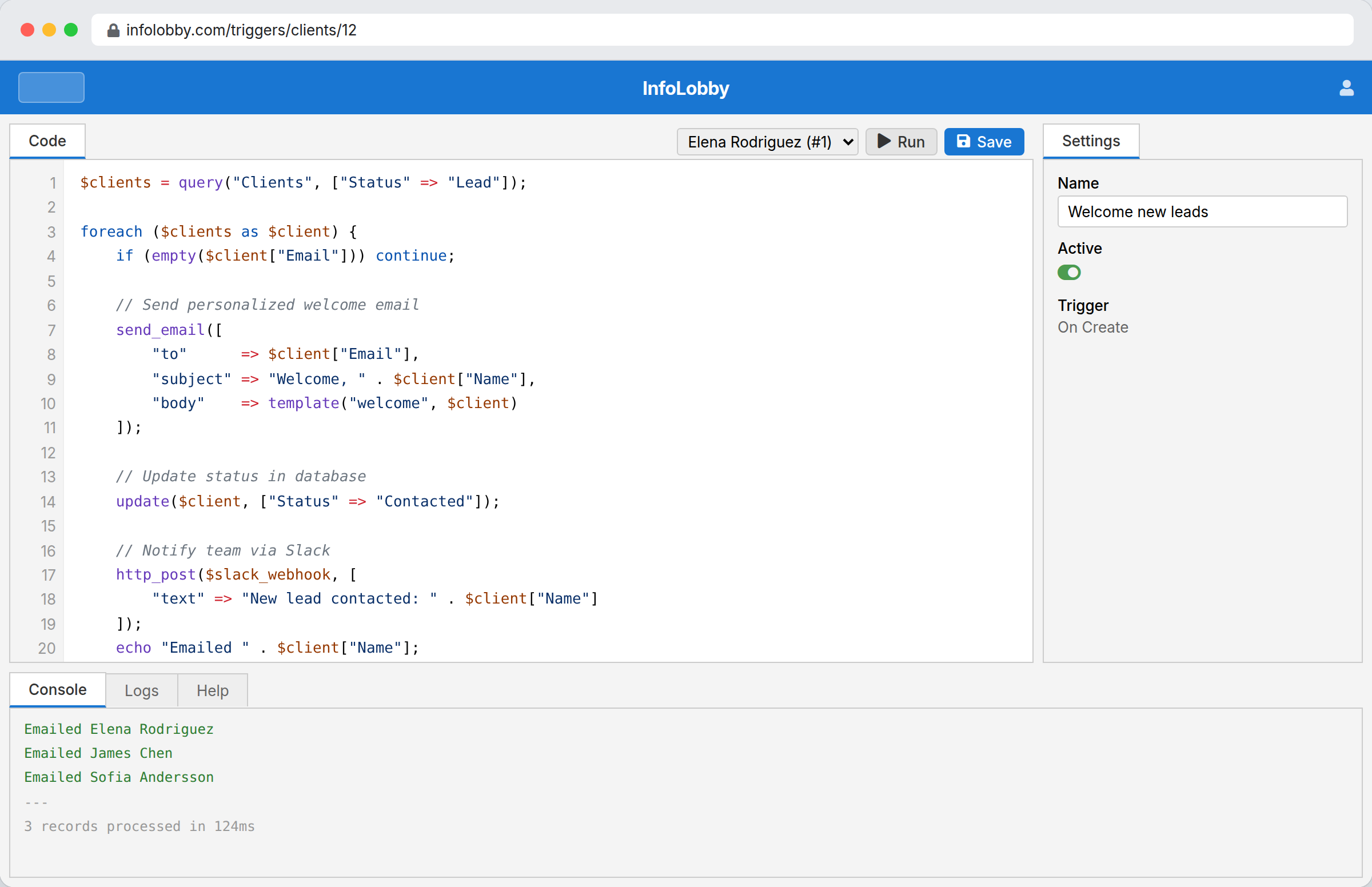 Public REST API feature page with code editor and integration tooling
