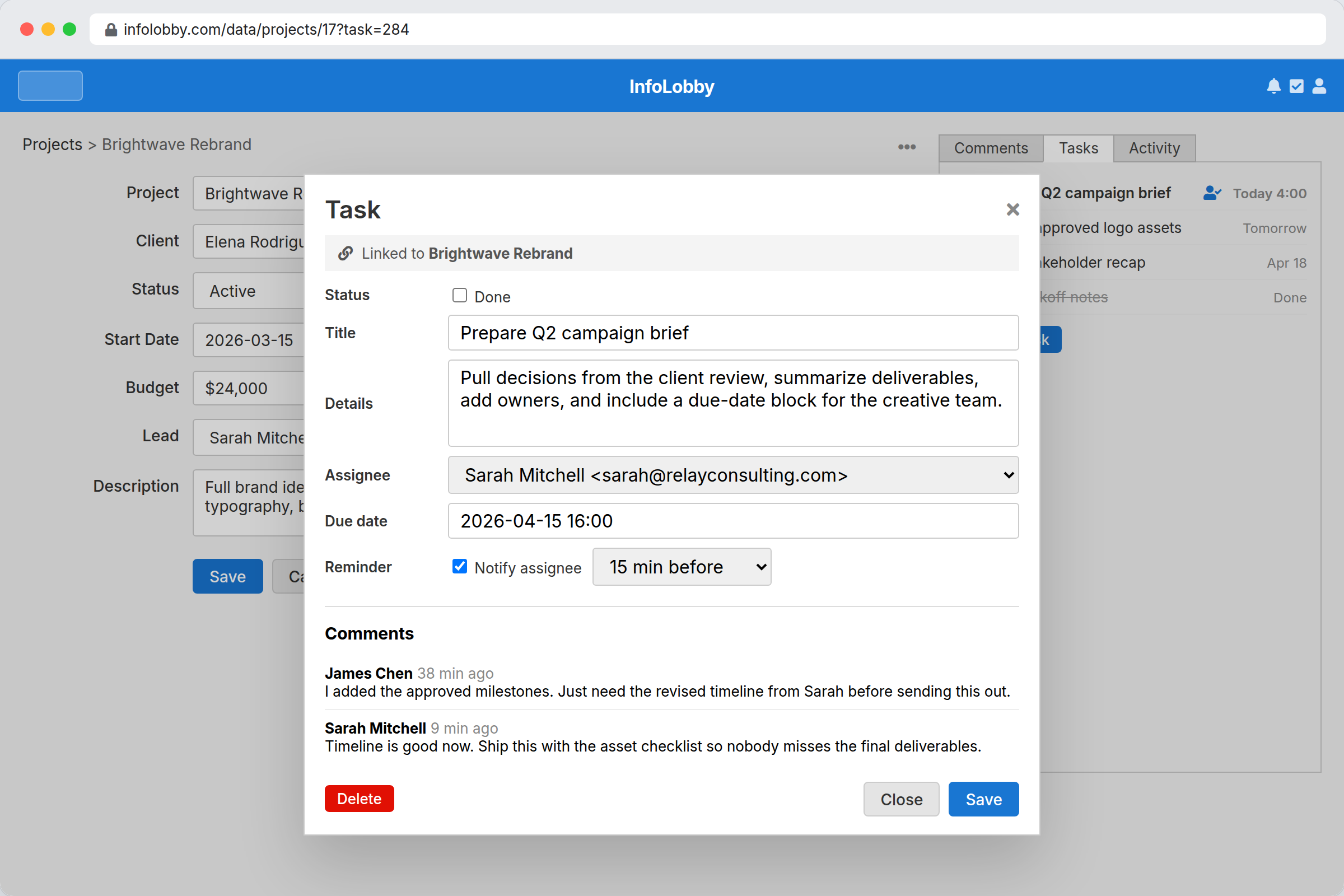 InfoLobby record with related tasks