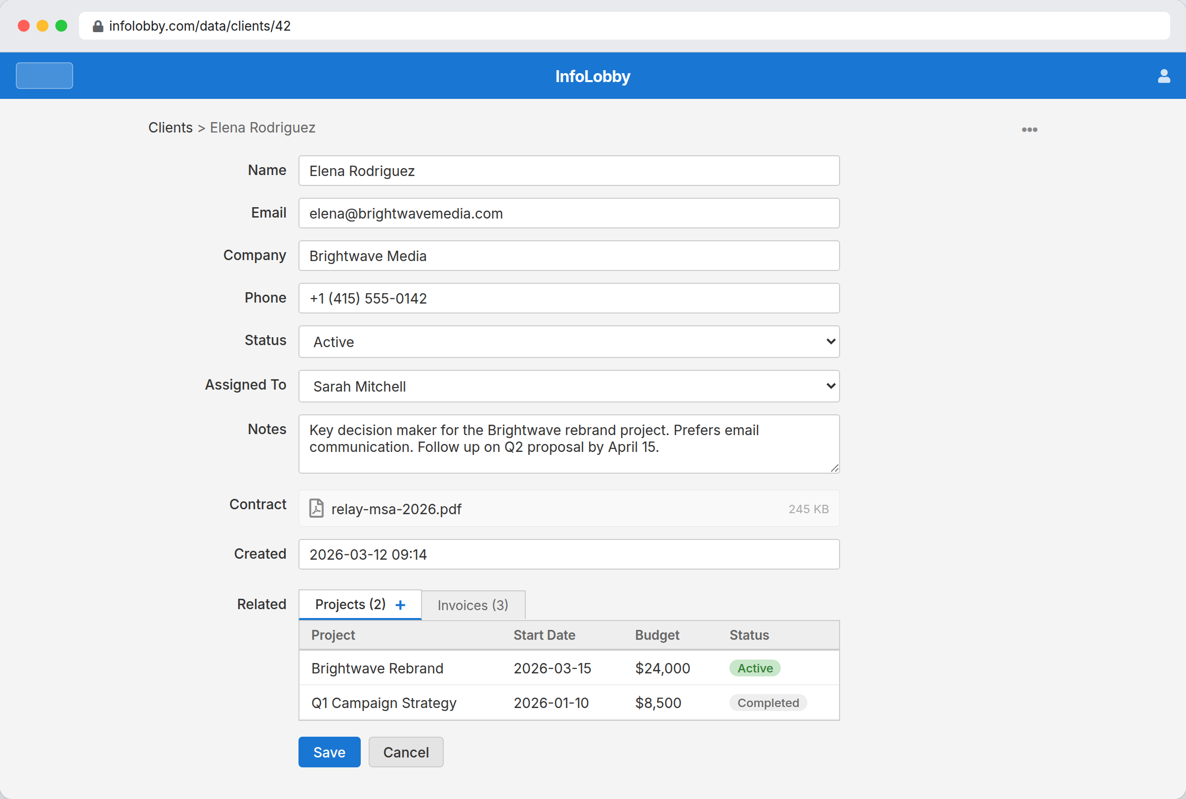 Client delivery tracking record with status and details