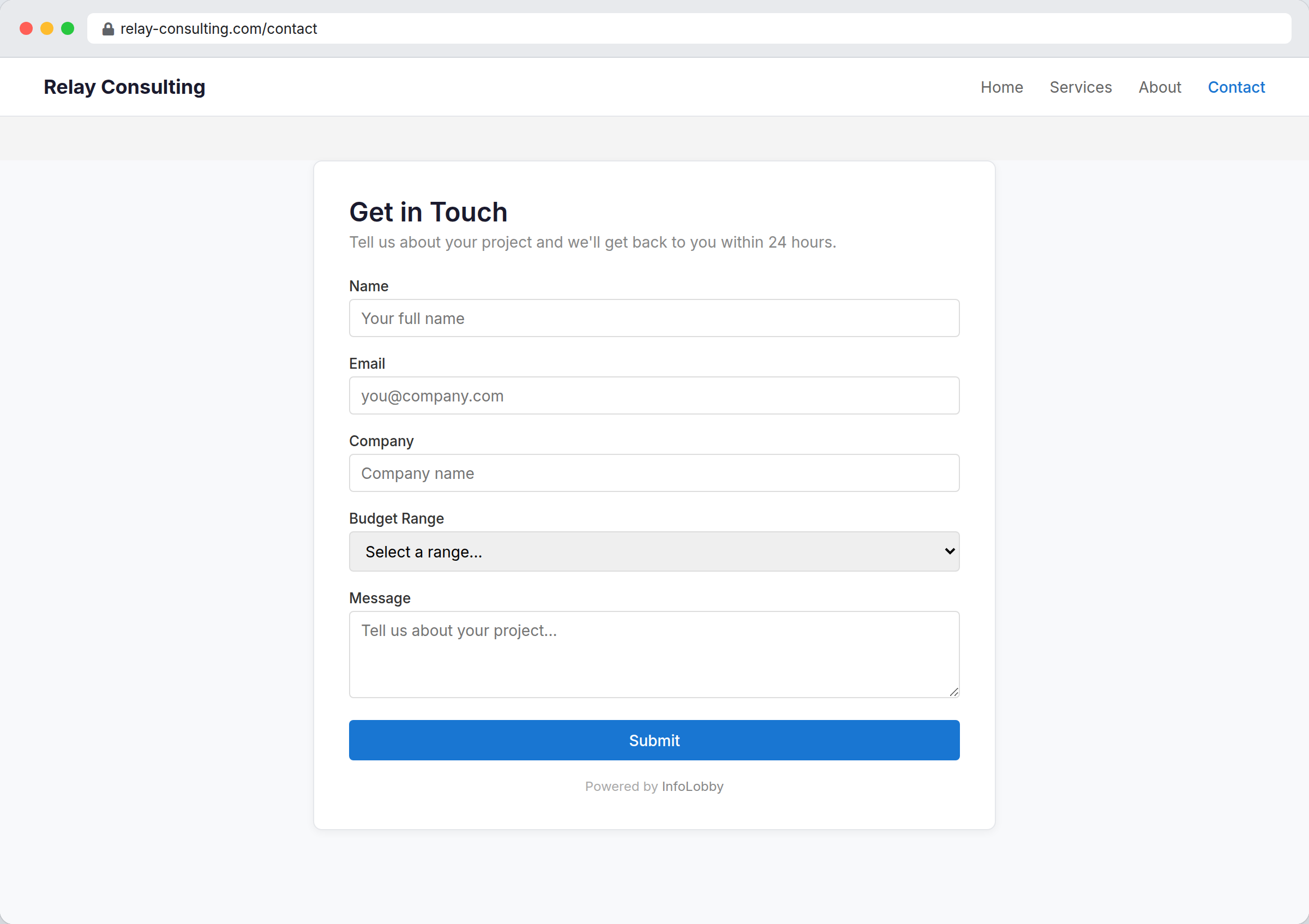 InfoLobby web form embedded on a website